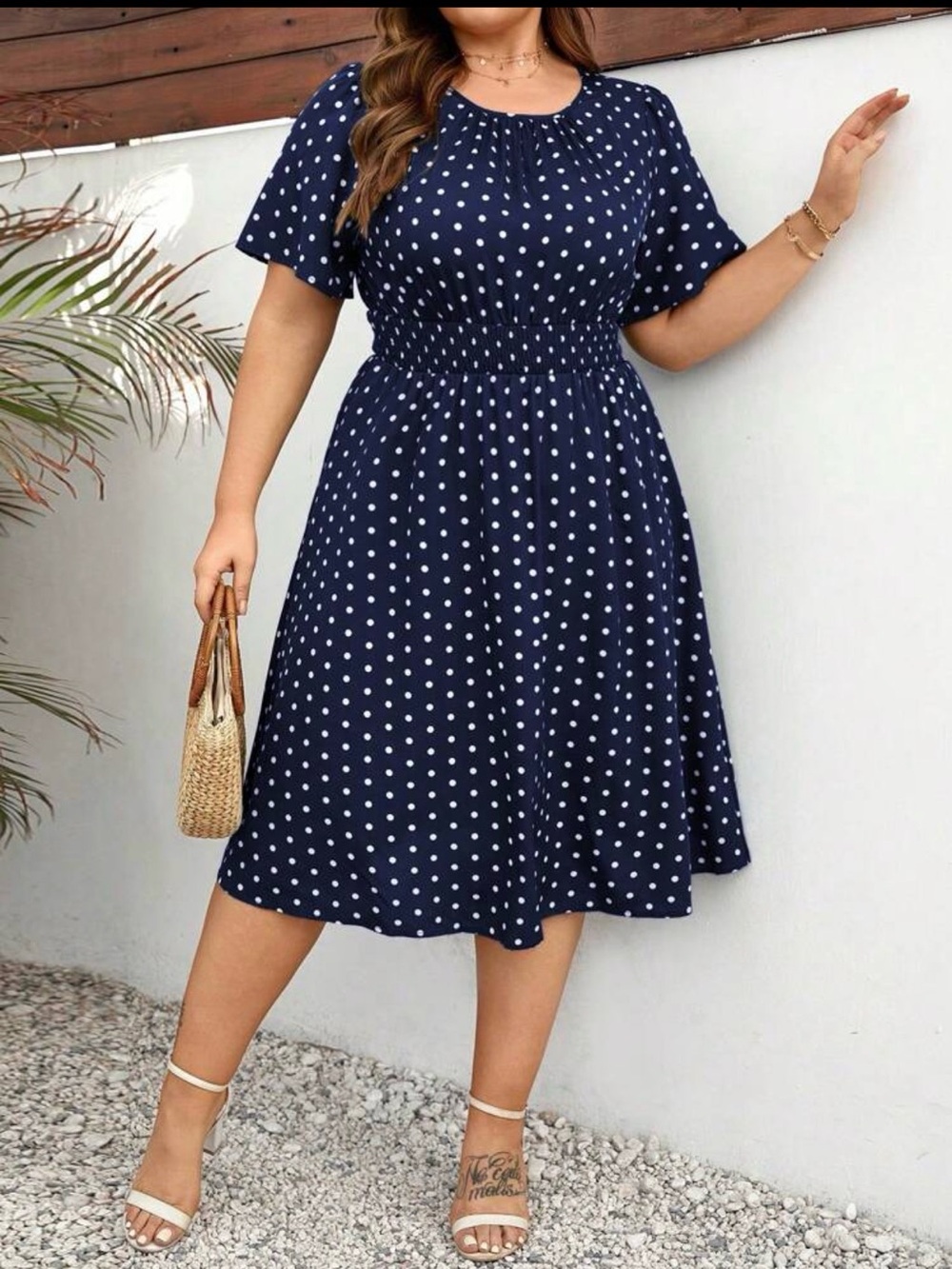 Navy Polka Dot Short Sleeve Midi Dress
